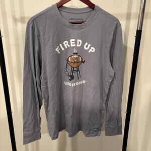 New Life is Good Fired Up Football Tee Shirt Mens Medium Blue BBQ Barbeque Crew